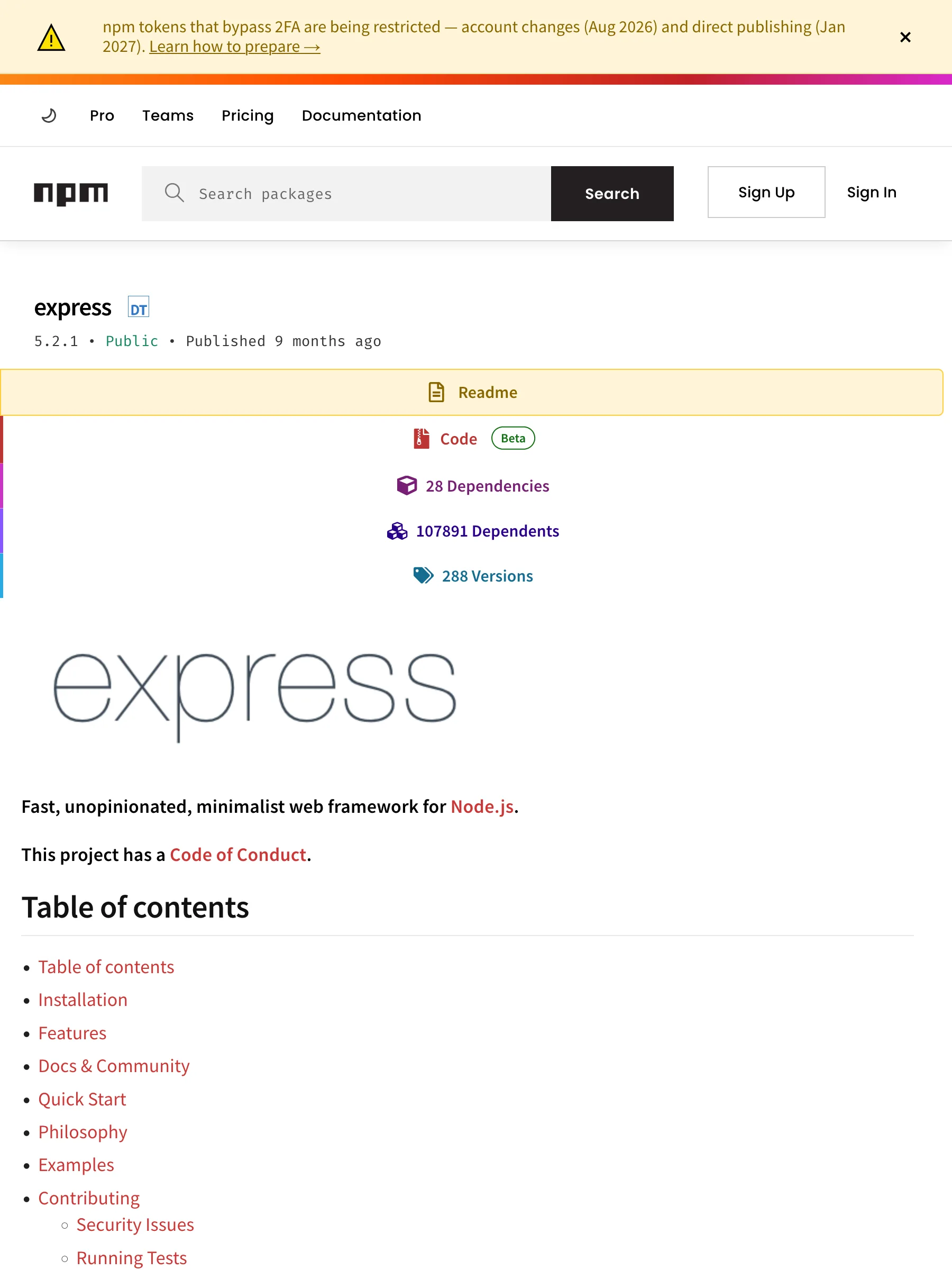 The express package page on npmjs.com with readme, dependencies, and versions tabs