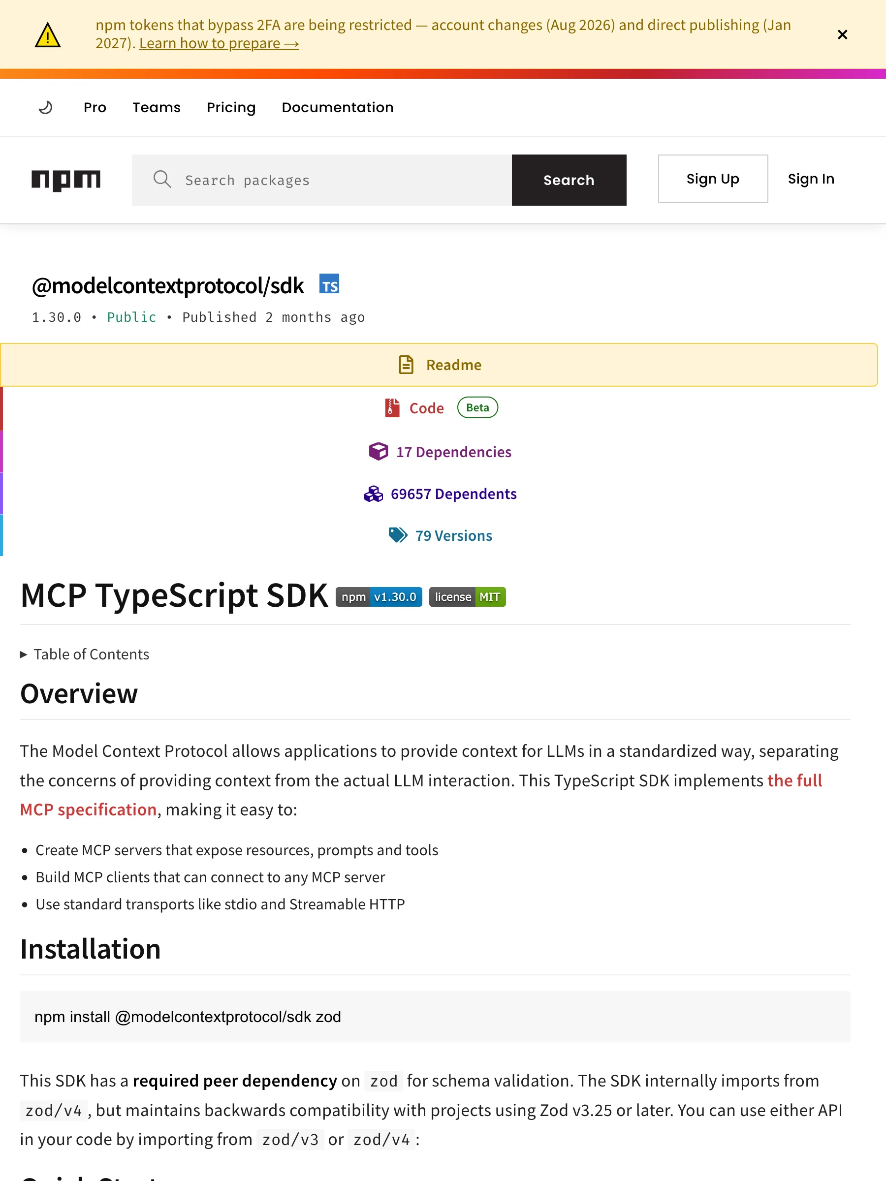 The @modelcontextprotocol/sdk scoped package page on npmjs.com