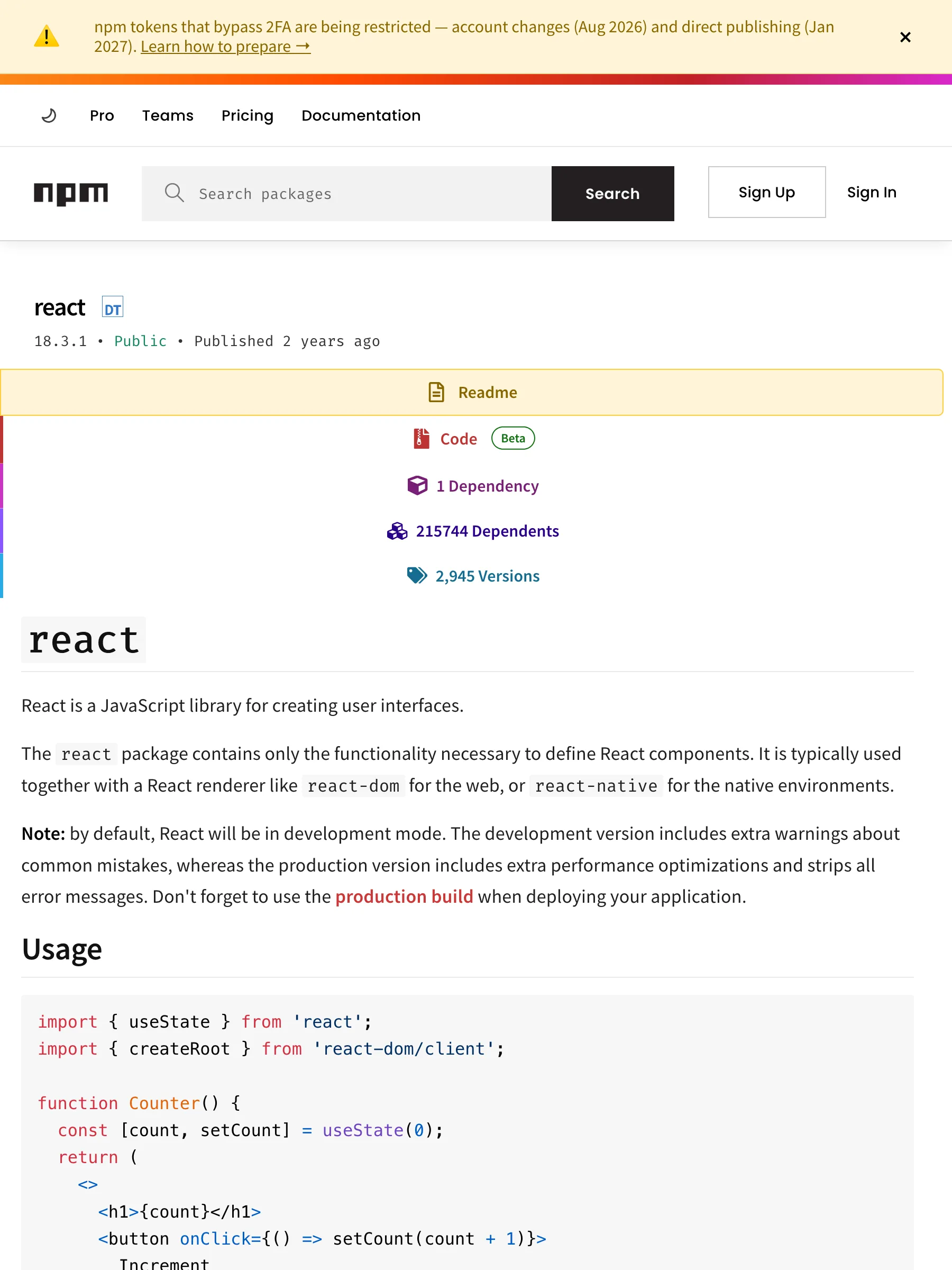 The react version 18.3.1 pinned page on npmjs.com