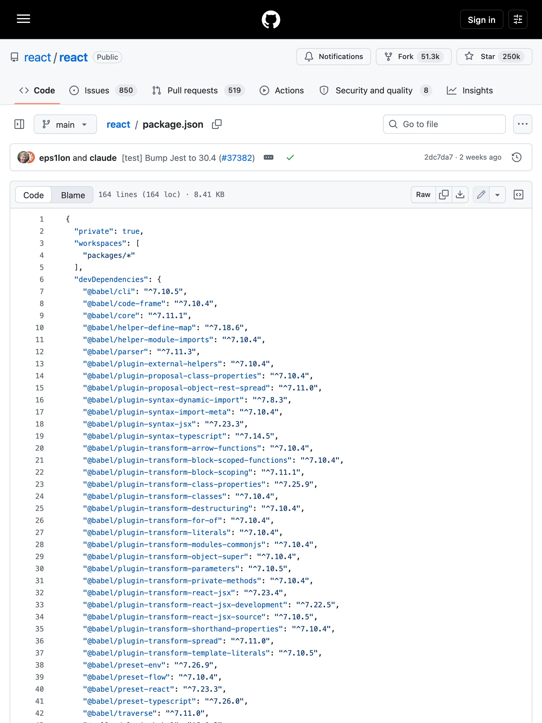 匿名訪問者に配信される facebook/react の package.json ファイルビュー