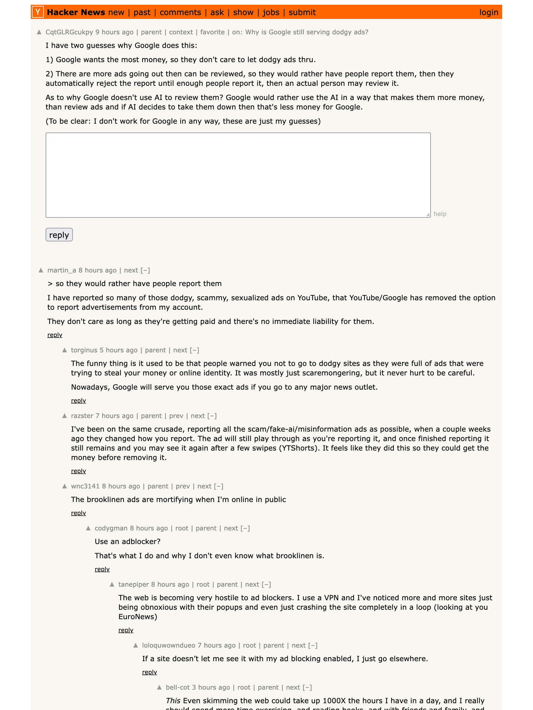 A Hacker News comment permalink anchored inside the dodgy-ads discussion
