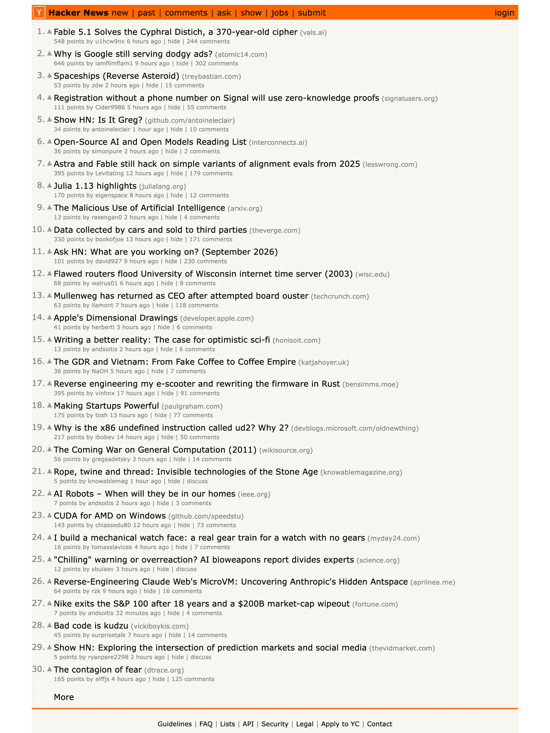 The Hacker News front page as served to anonymous visitors