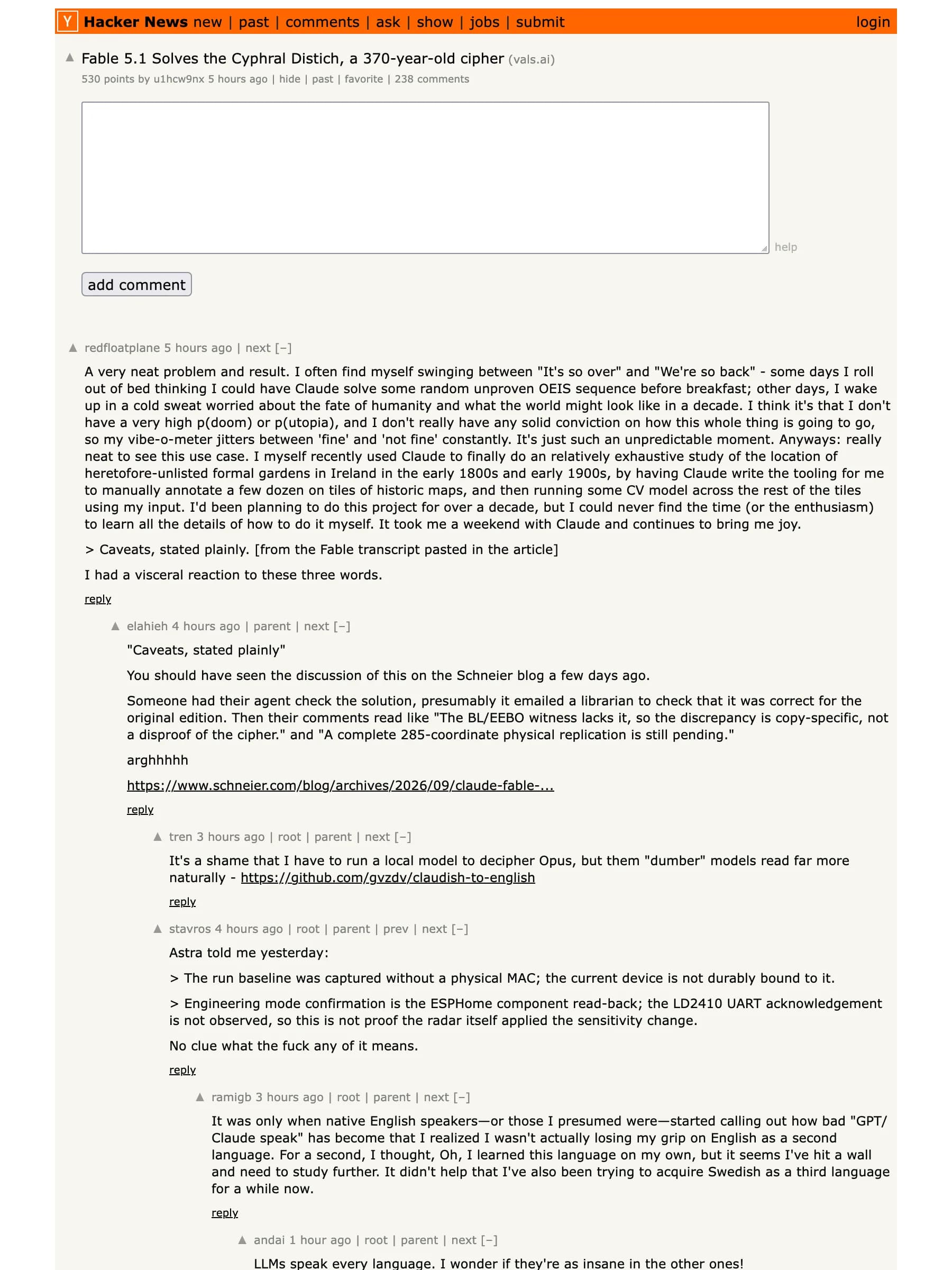 The Fable 5.1 cipher story on Hacker News with its nested comment thread