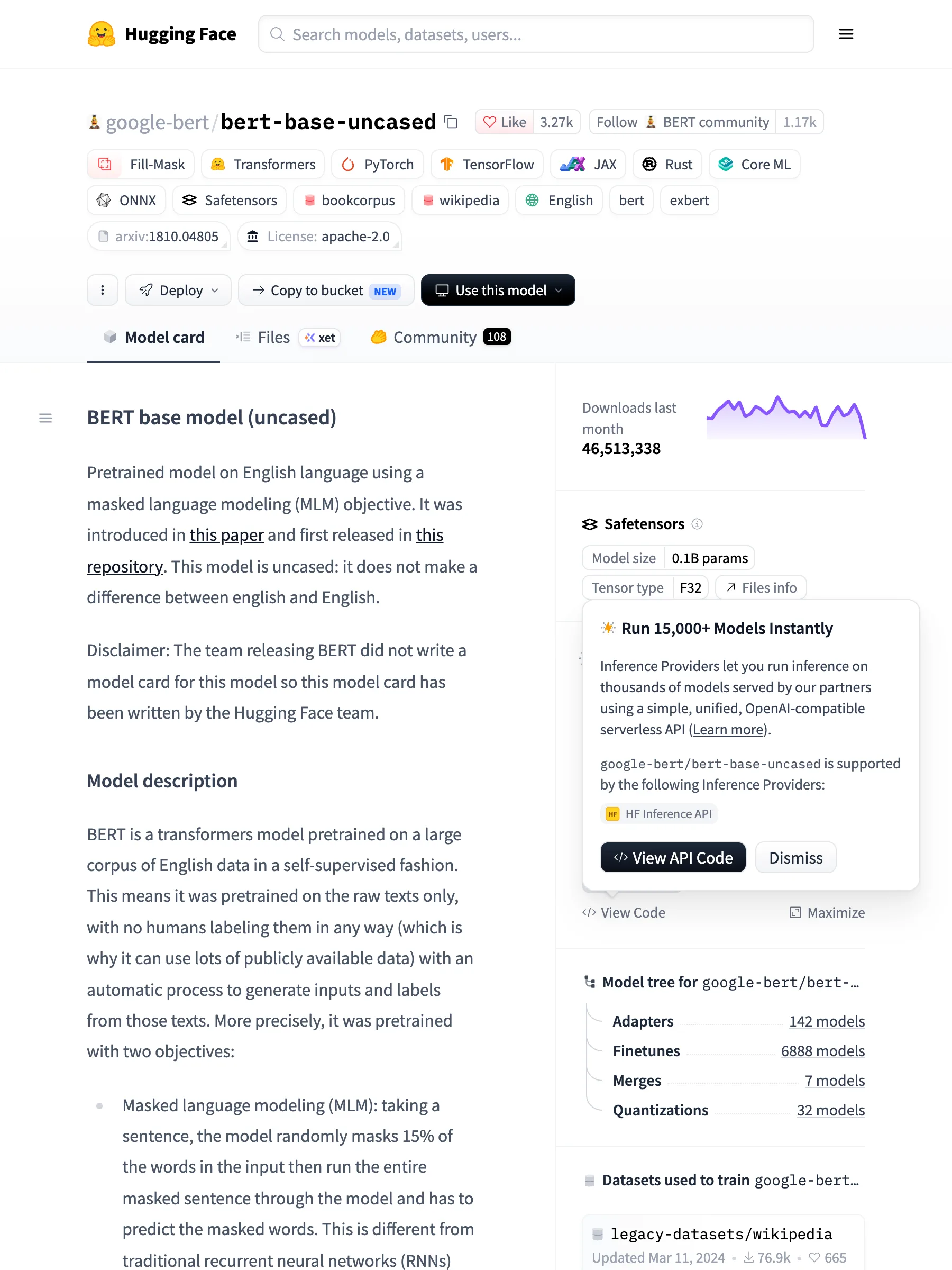 The bert-base-uncased model page on Hugging Face as served to anonymous visitors