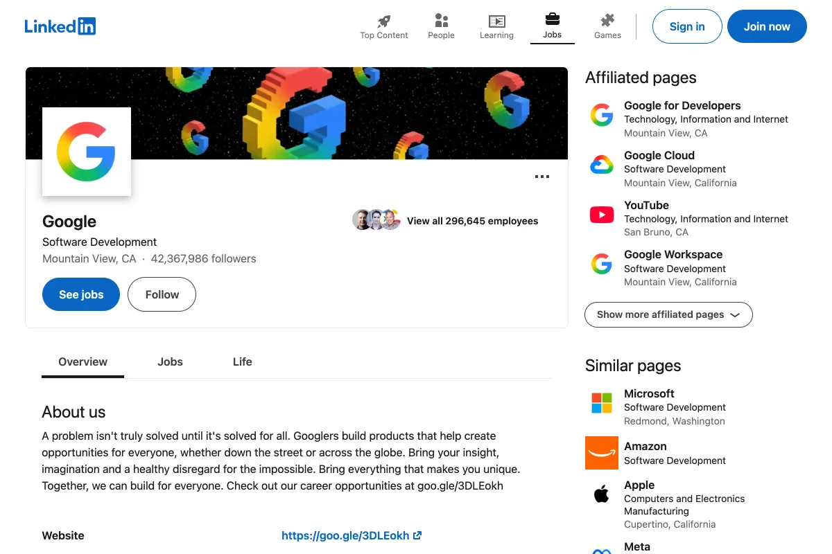 匿名訪問者に配信される Google の LinkedIn 企業ページ