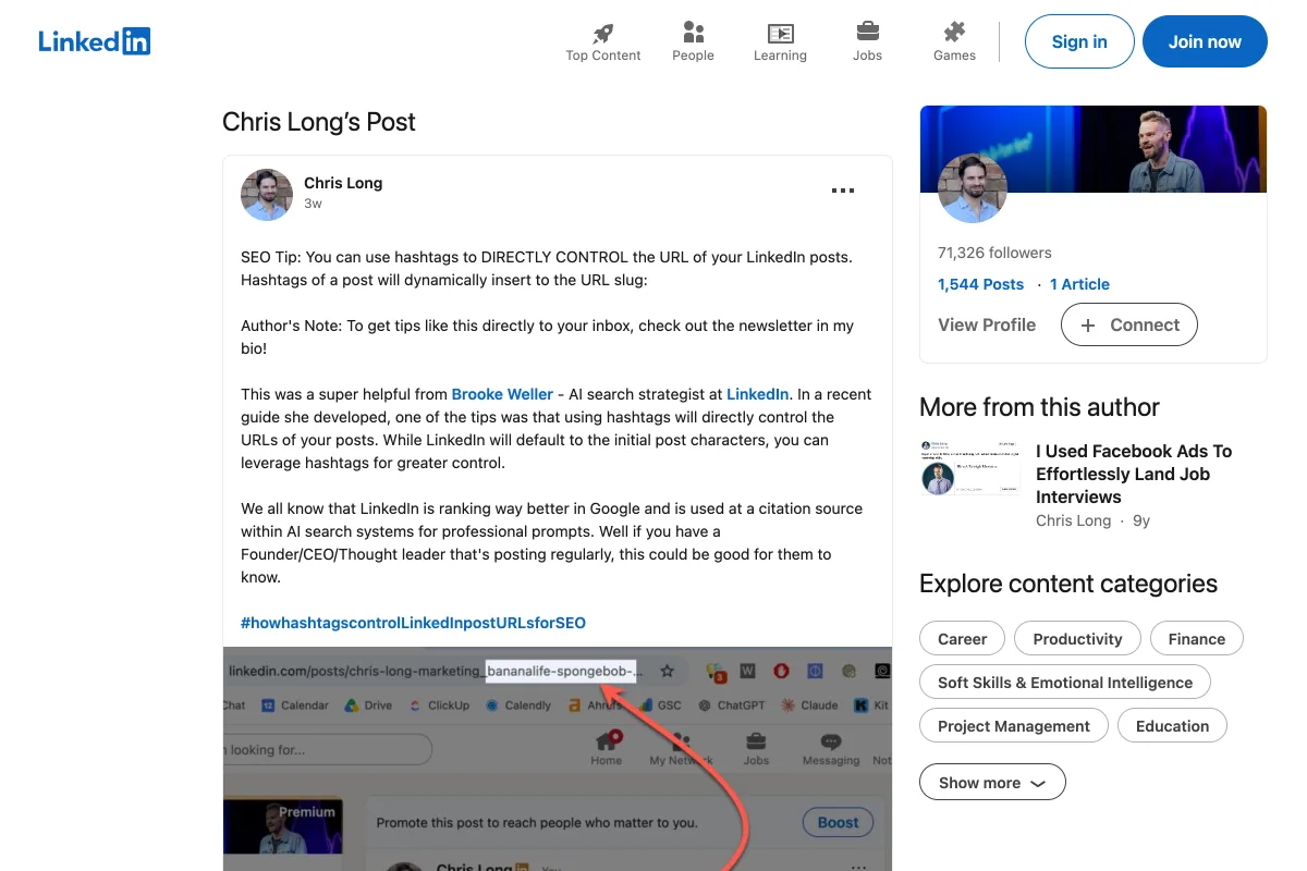 匿名訪問者に配信される Chris Long の LinkedIn 公開投稿