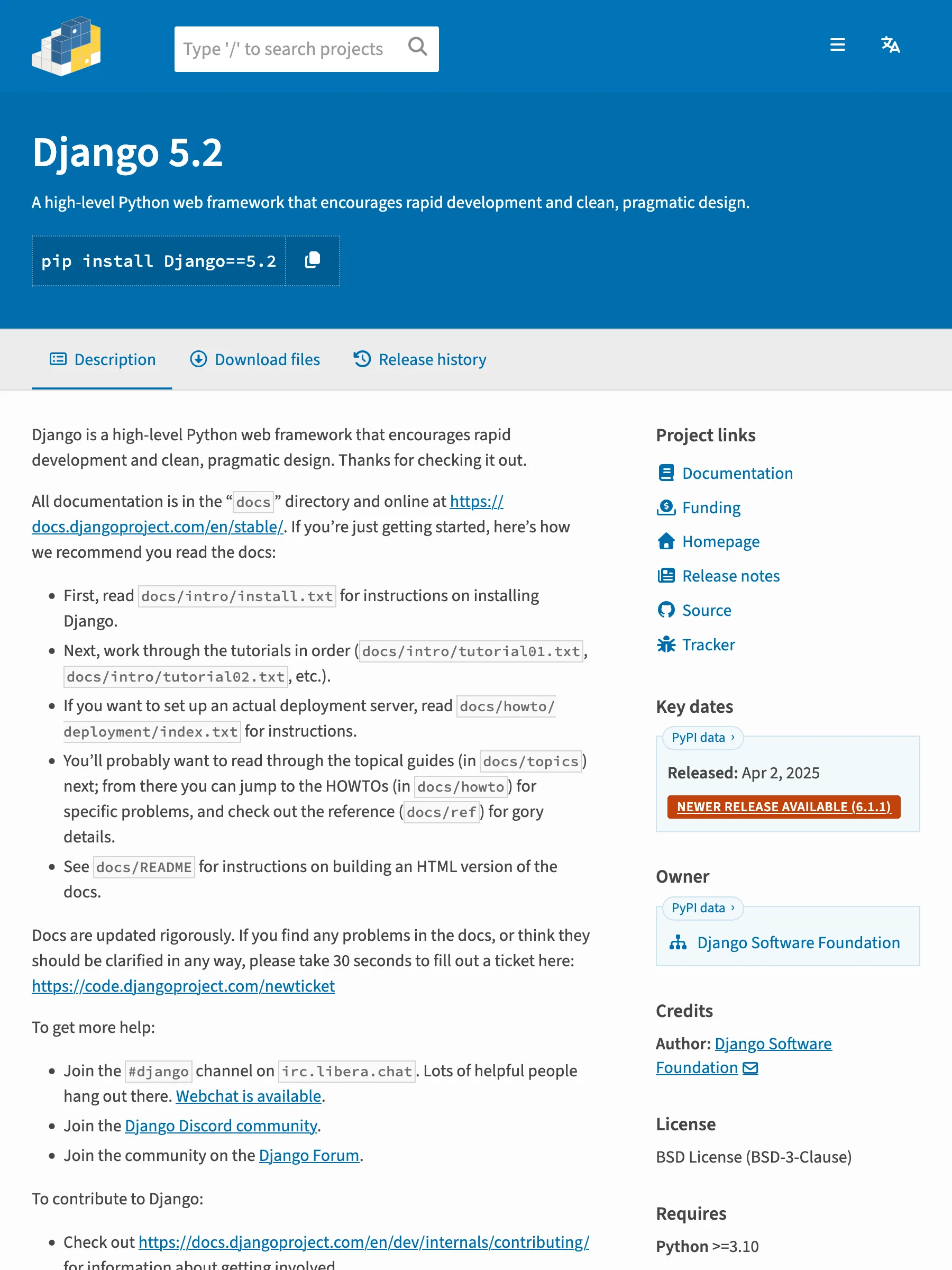 The Django 5.2 pinned release page on PyPI