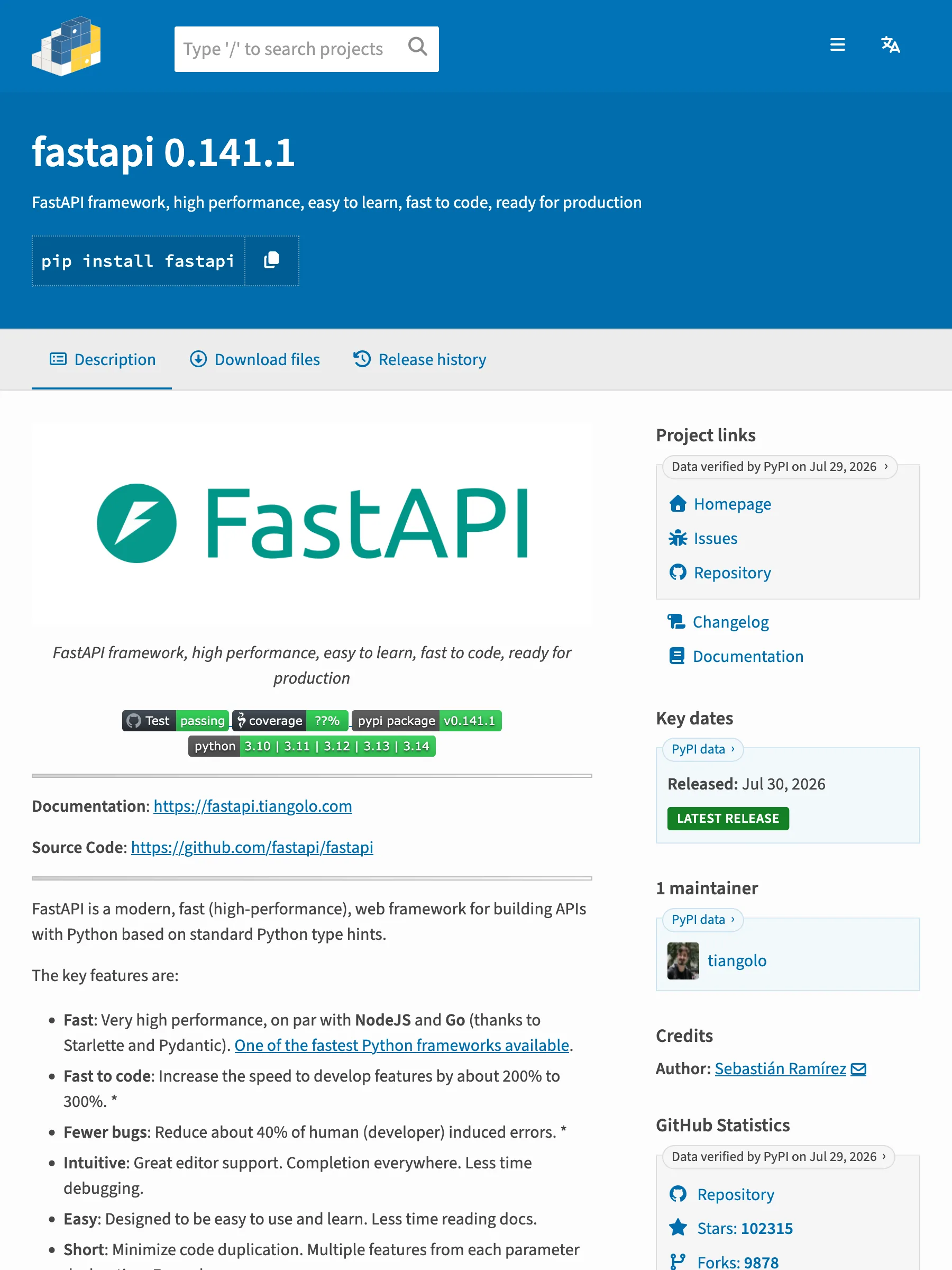 The fastapi project page on PyPI with pip install line, project links, and statistics sidebar