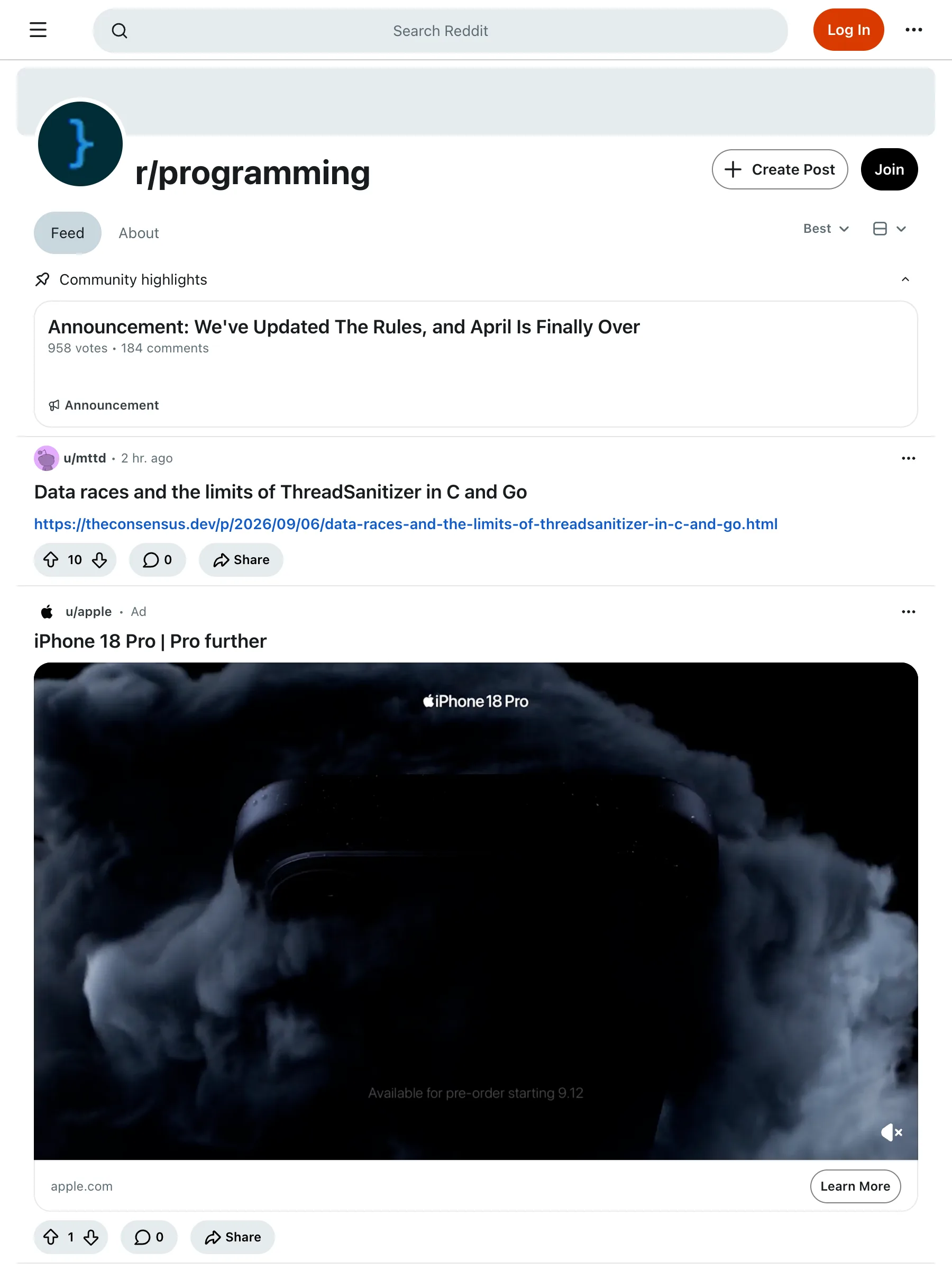 匿名訪問者に配信される r/programming サブレディットのトップページ