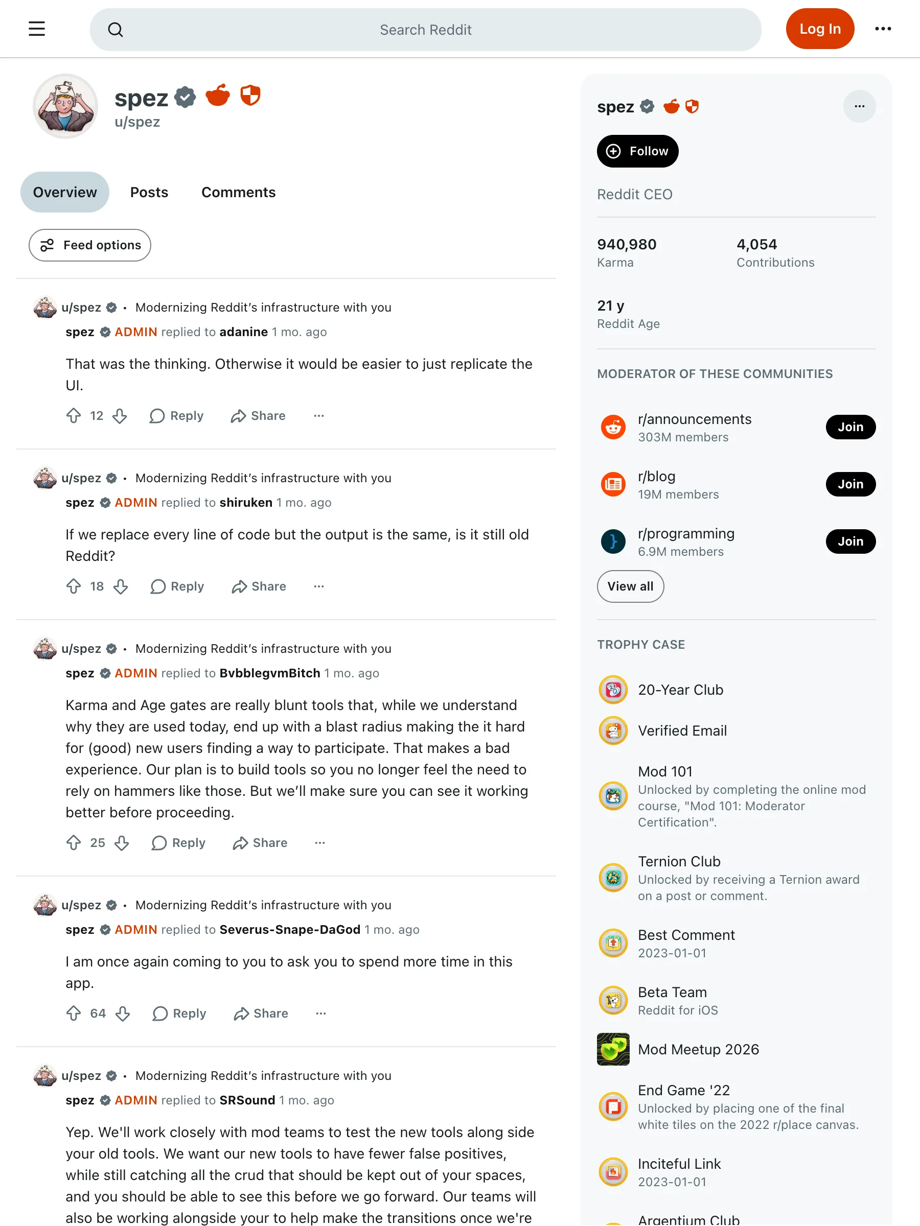 匿名訪問者に配信される u/spez の Reddit 公開プロフィール