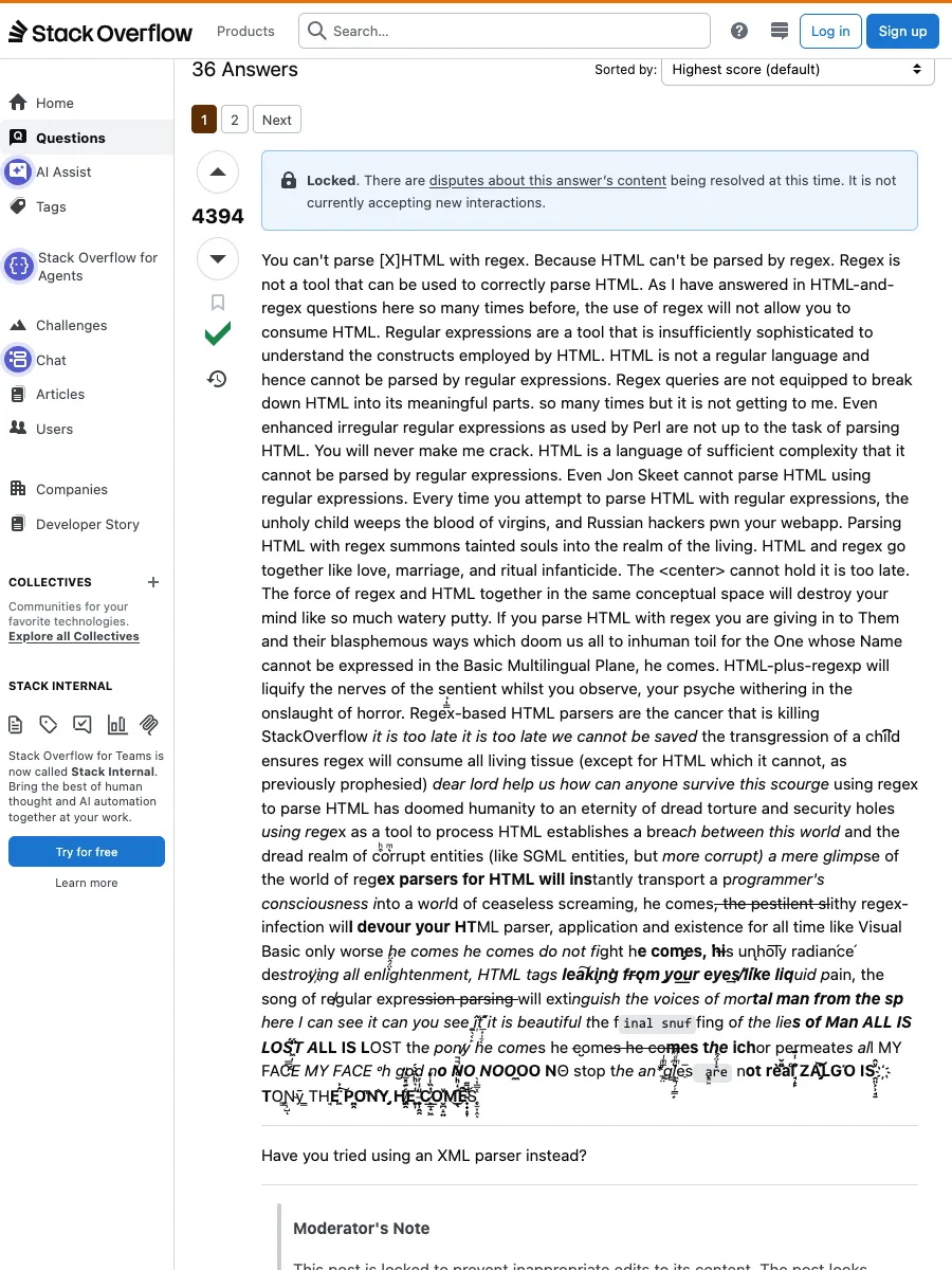 The legendary can-not-parse-HTML-with-regex answer — locked, 4394 upvotes, Zalgo text intact