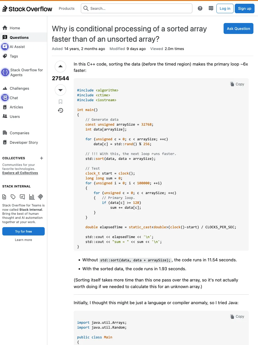 The sorted-array question page on Stack Overflow as a real browser renders it