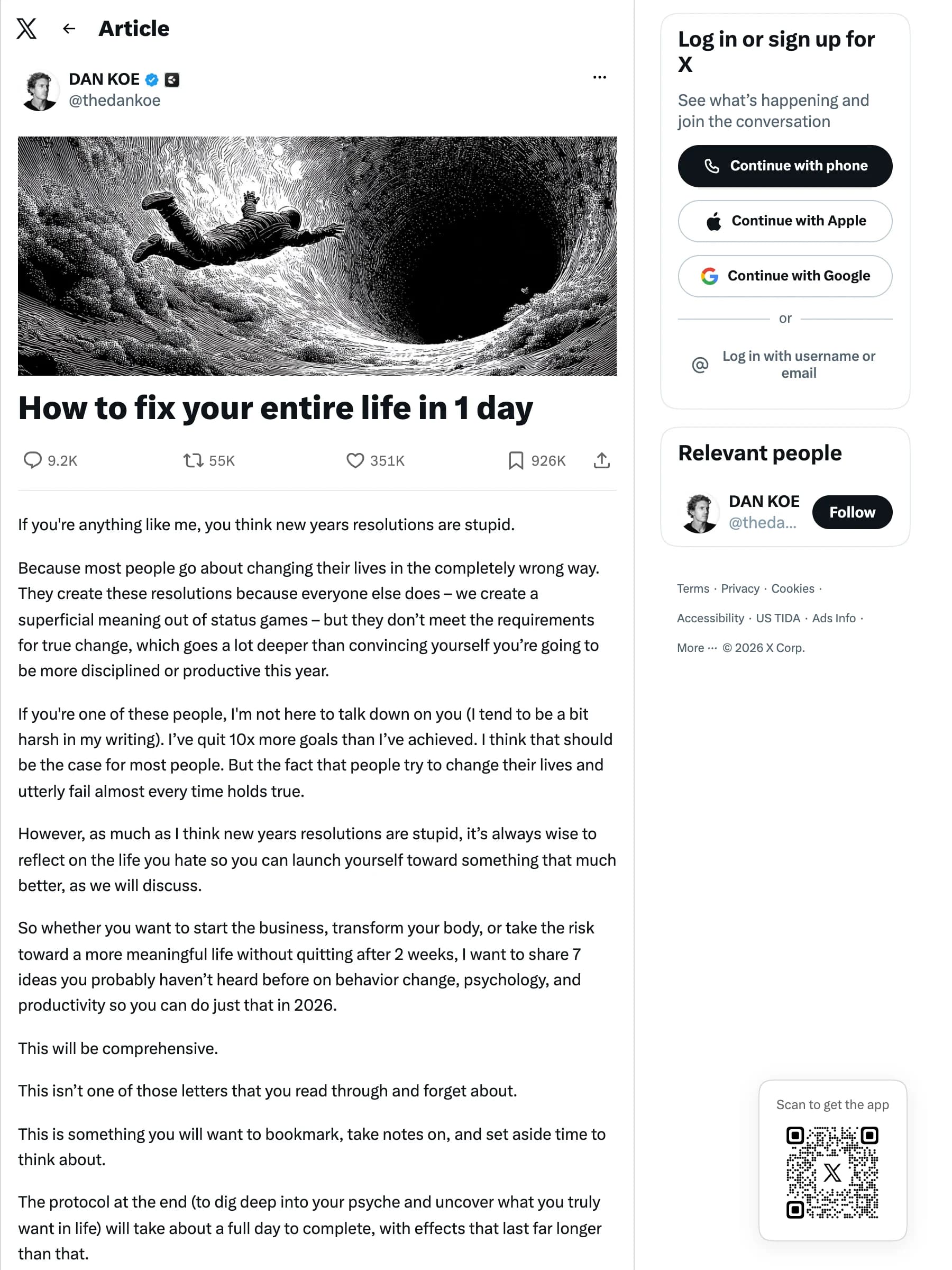 A long-form X post as served to anonymous visitors — text visible behind a signup rail and a Continue to X gate