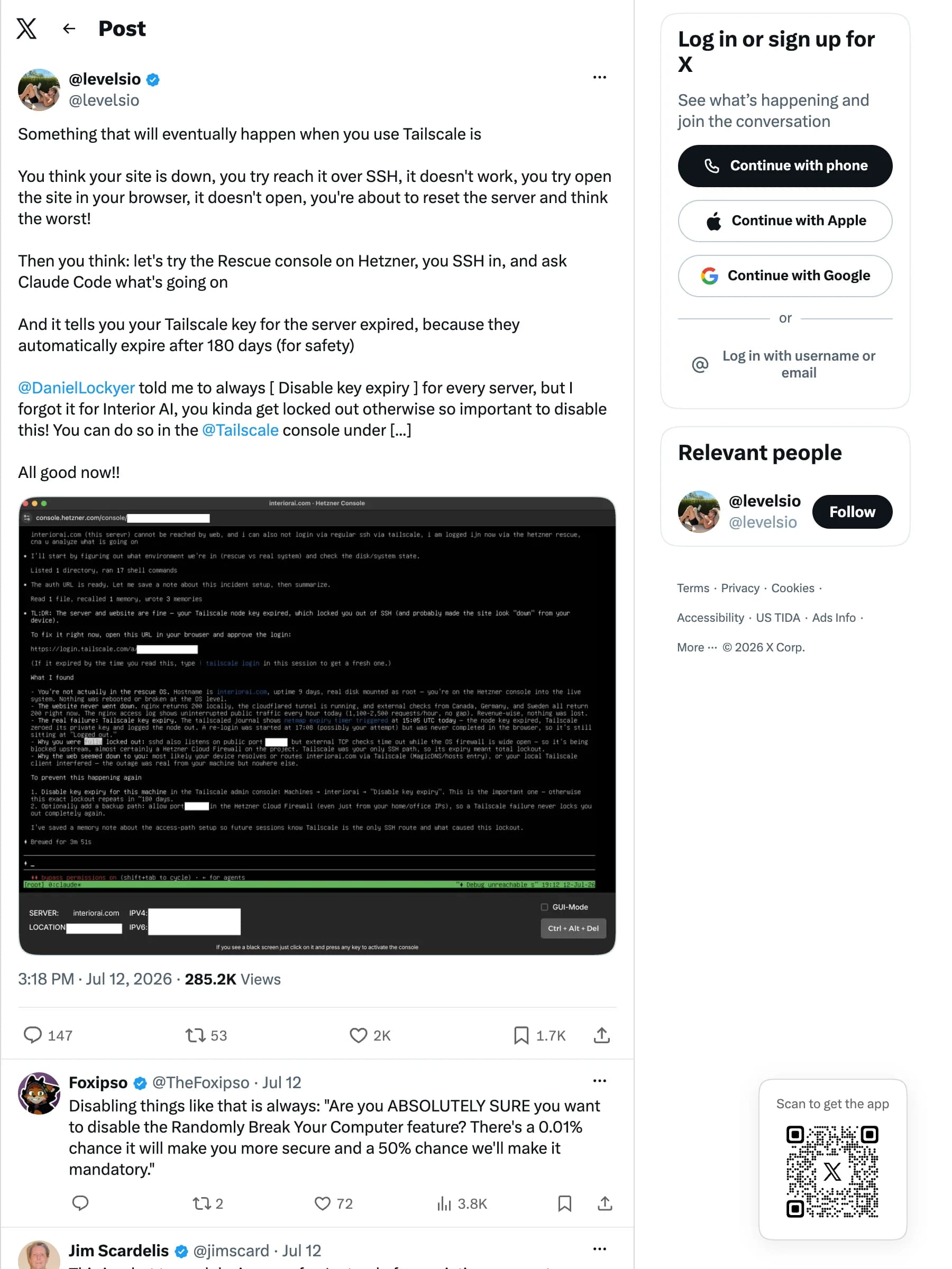A long X post about a Tailscale lockout as served to anonymous visitors, beside the signup rail