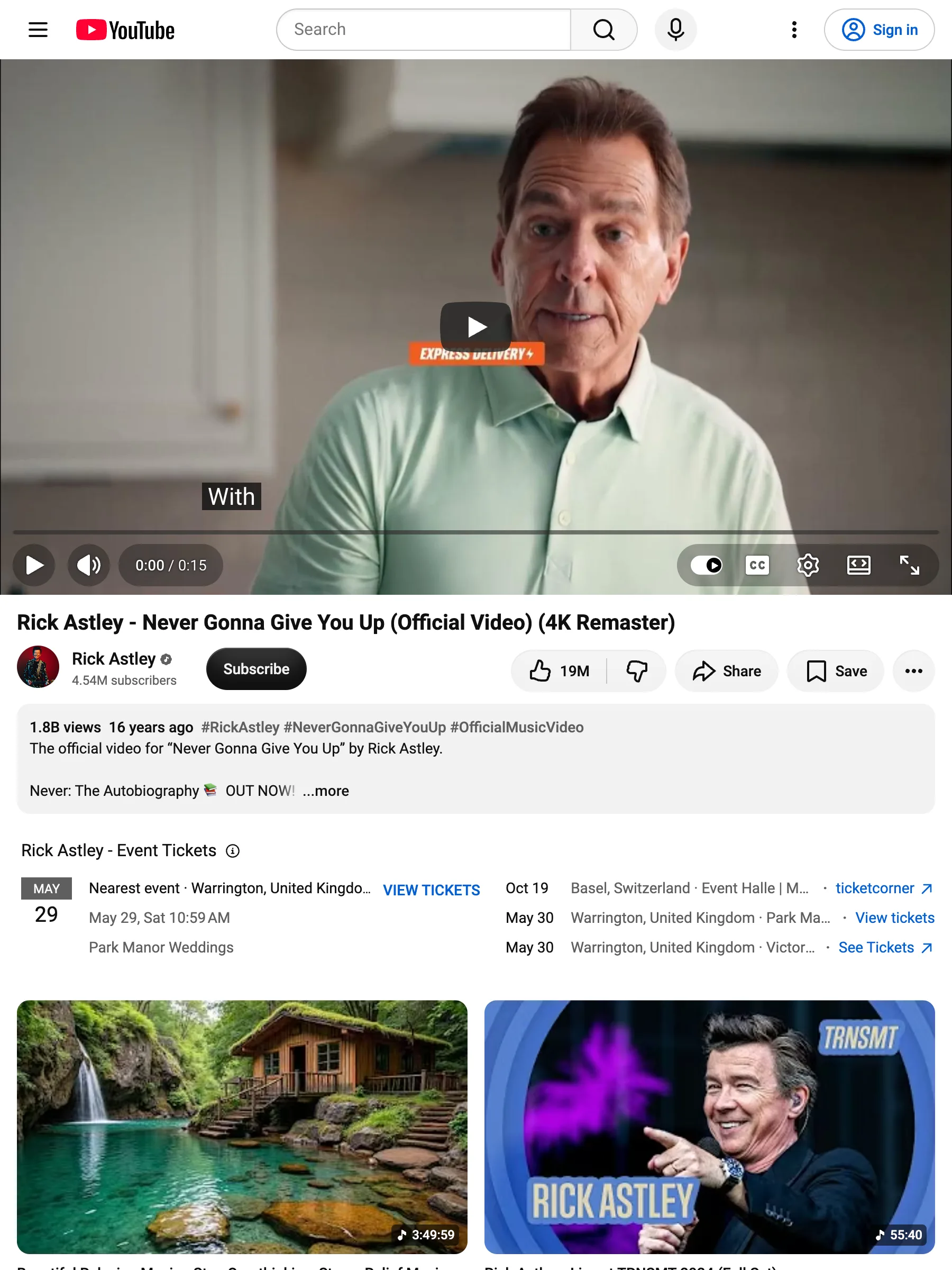 Rick Astley music video on YouTube as served to anonymous visitors