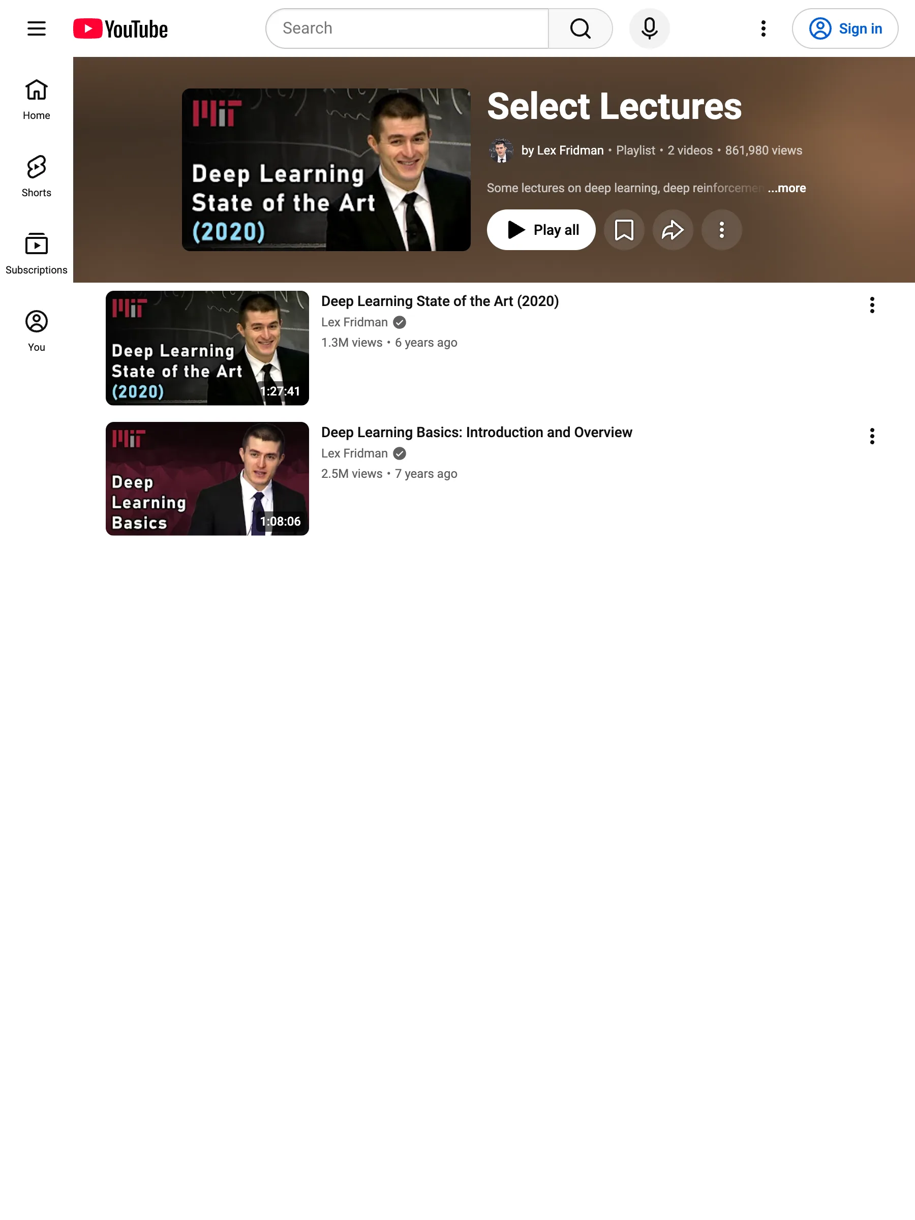 MIT Select Lectures playlist page on YouTube as served to anonymous visitors