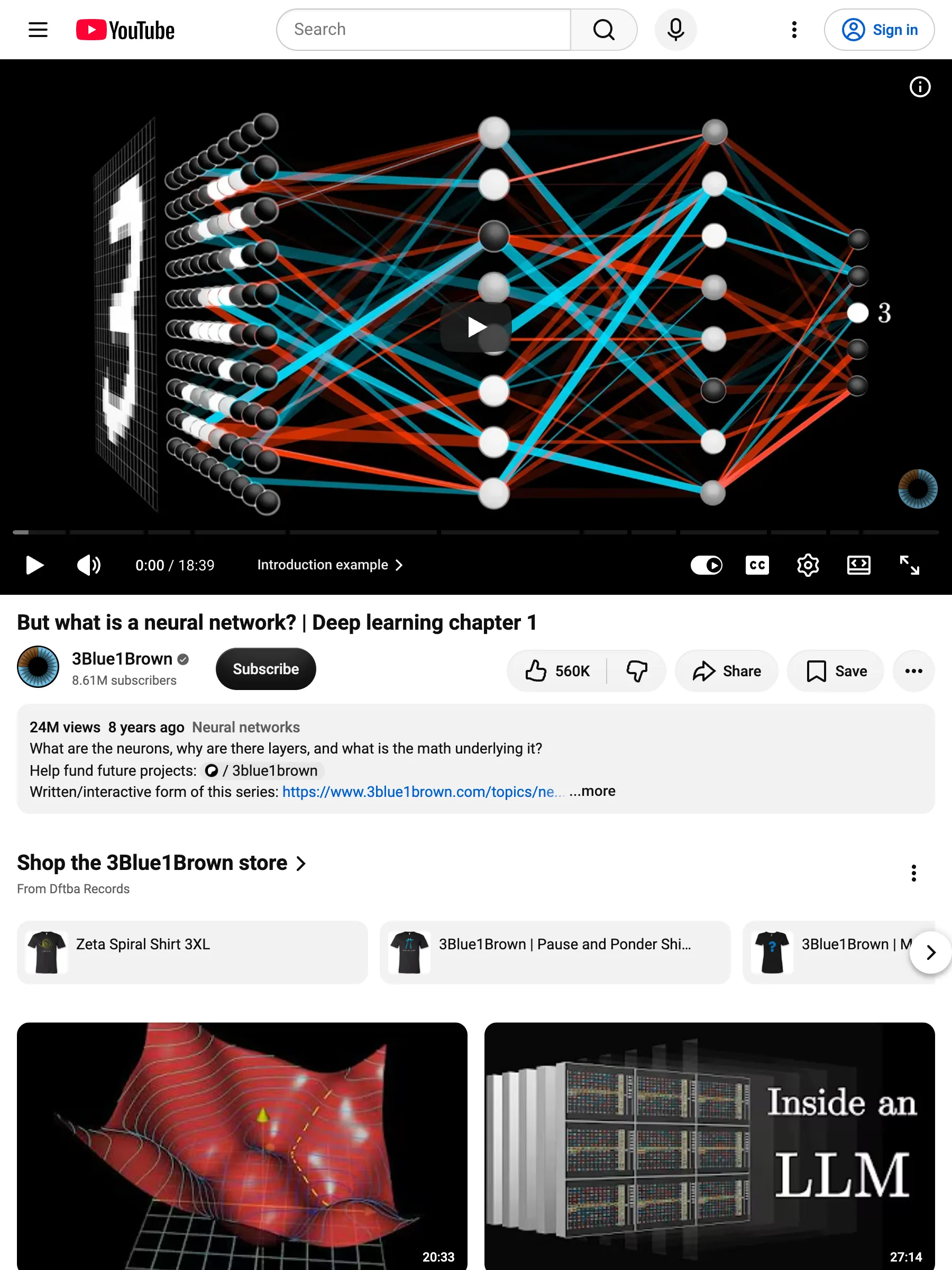 3Blue1Brown neural network video on YouTube as served to anonymous visitors