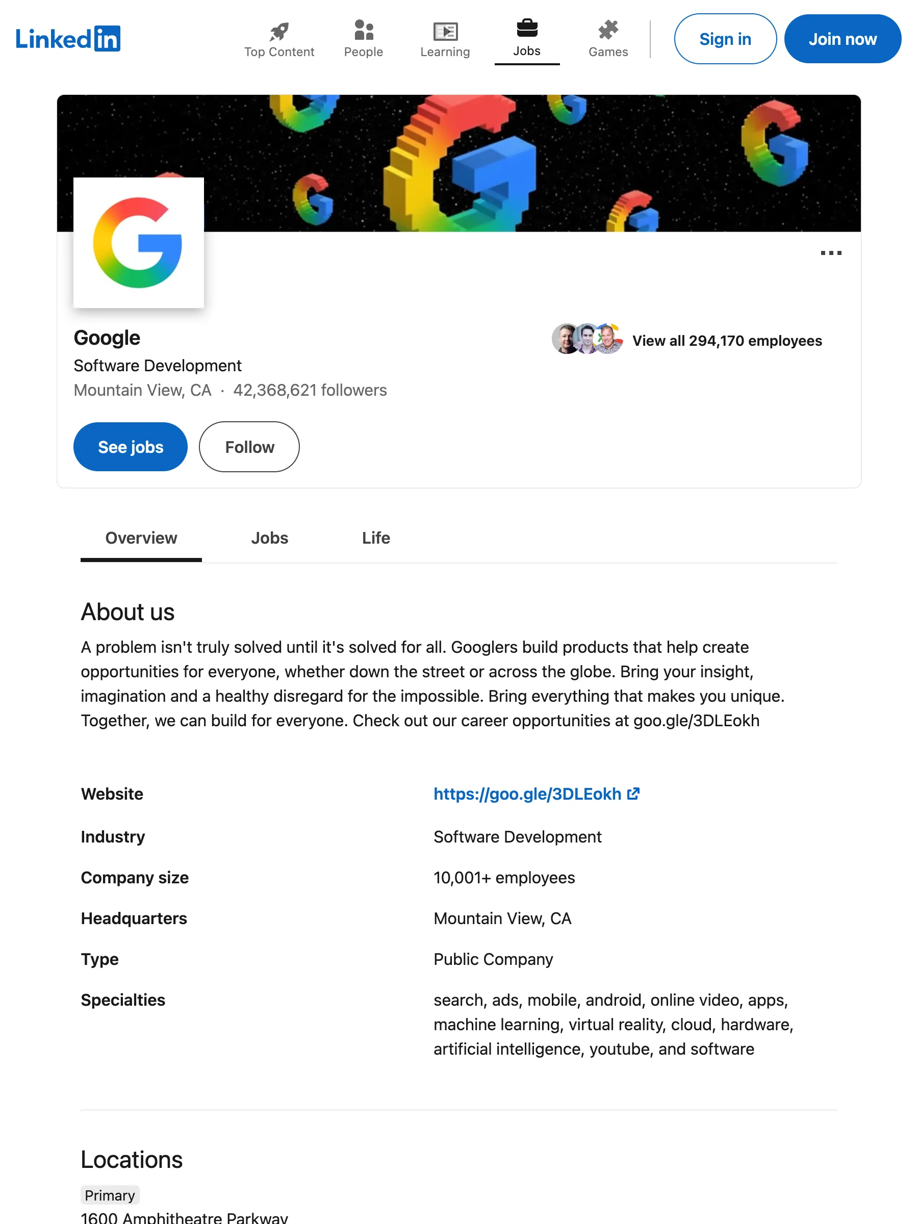 Google company page on LinkedIn as served to anonymous visitors