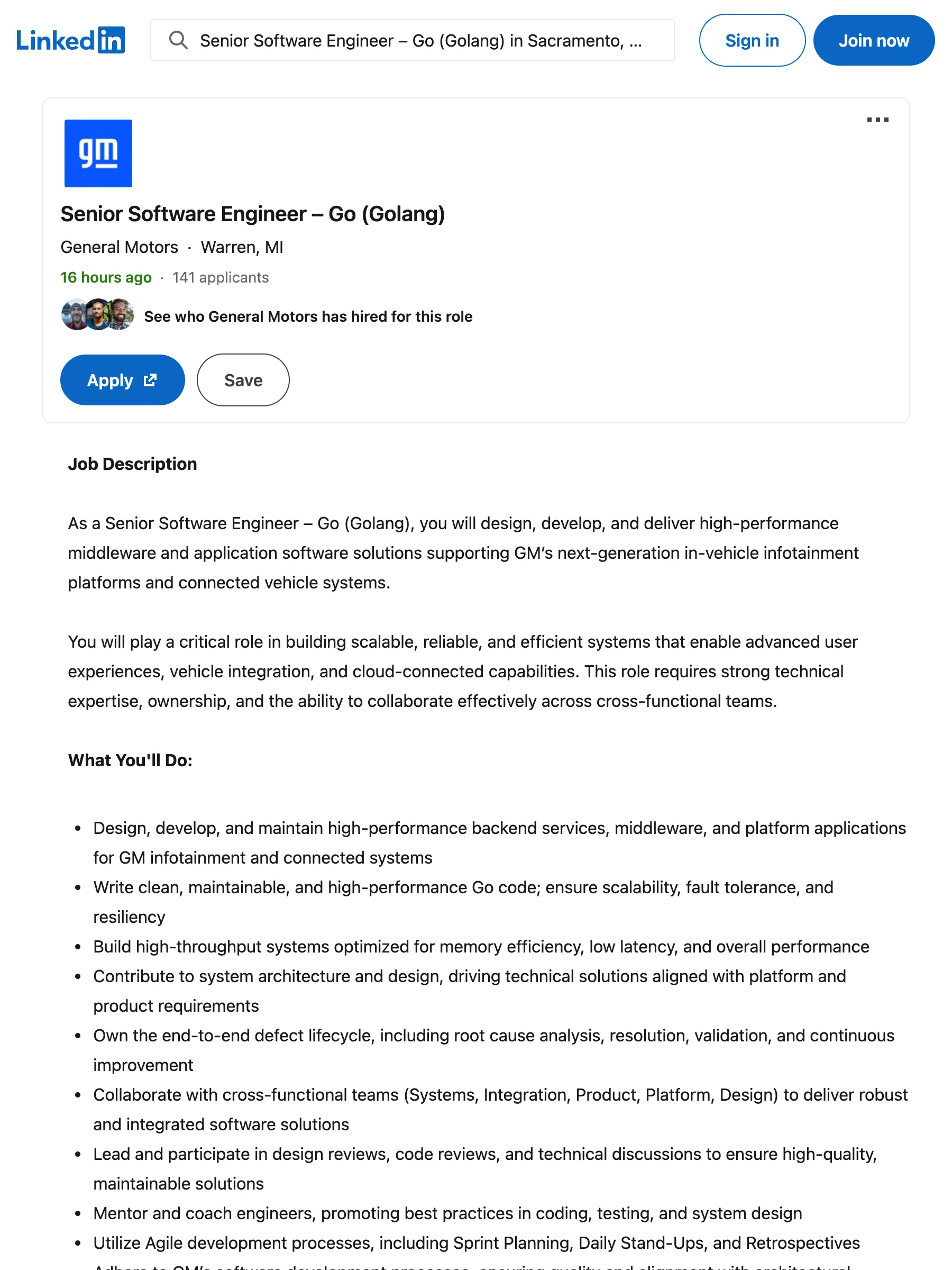 LinkedIn job posting for a Go engineer role at General Motors, viewed anonymously