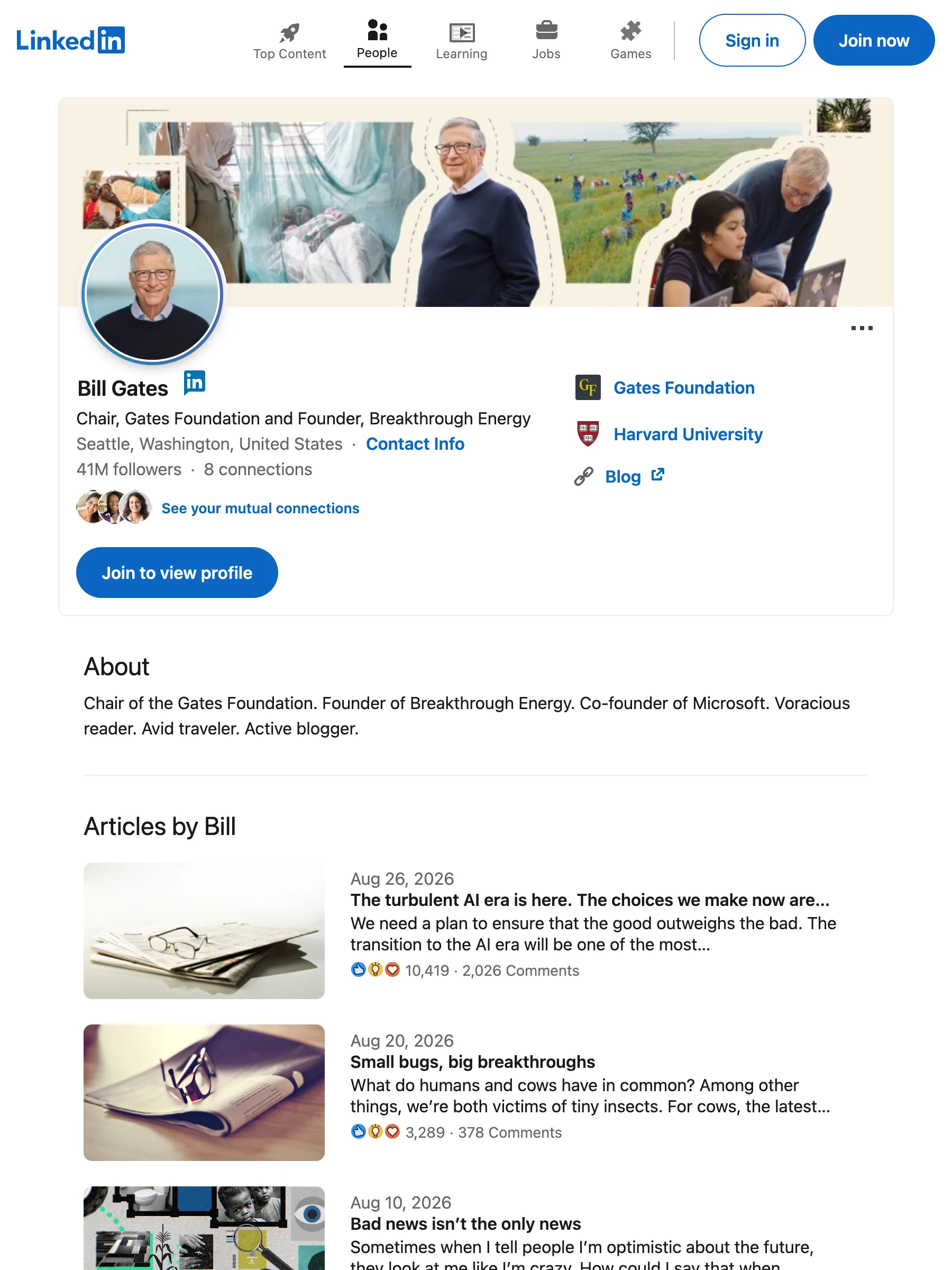 Bill Gates public LinkedIn profile as served to anonymous visitors